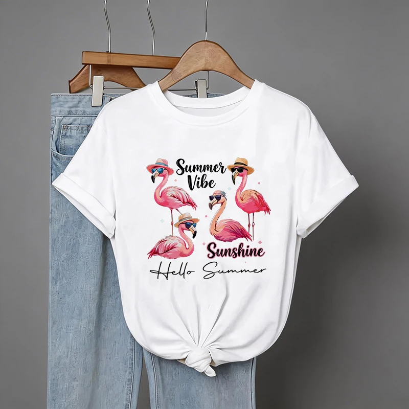 90er Jahre Hello Summer Flamingo Grafikdruck T-Shirts für Damen Strand-T-Shirt Damen Casual Rundhals Kurzarm T-Shirt Kleidung