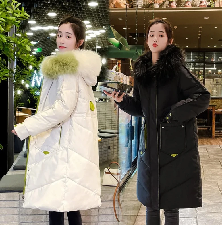 

Office Style Long Parka, Women‘s Hooded Winter Coat 2025, Color Block Thick Jacket with Fur Collar, Smart Casual
