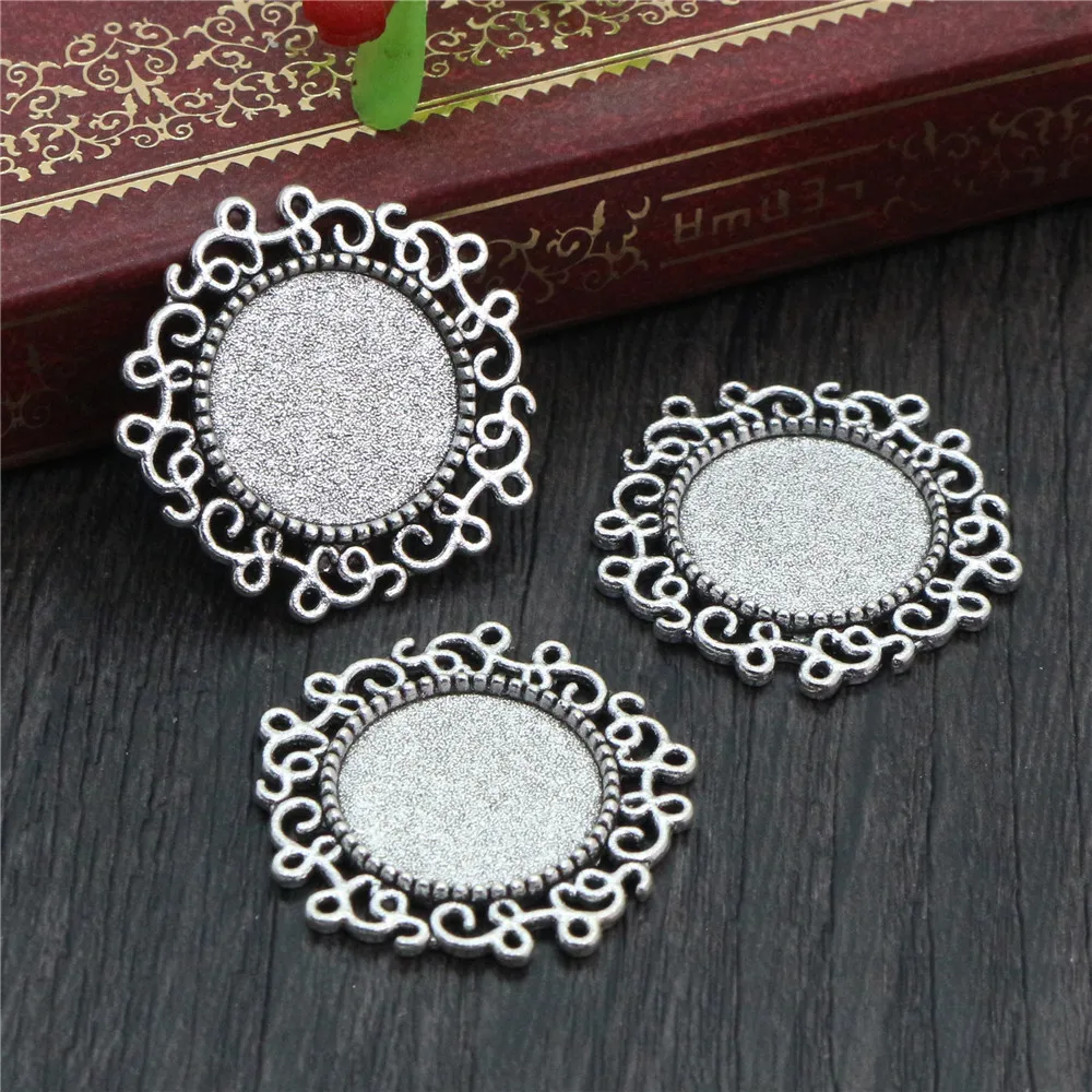 10pcs 14mm Inner Size Antique Bronze And Silver Plated Baroque Style Cabochon Base Cameo Setting Charms Pendant