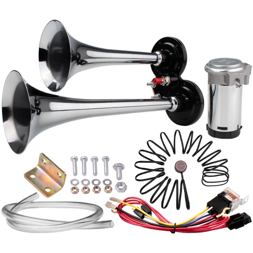 Universal Car Horn 12V 150db Chrome Zinc Super Loud Dual Tone Car Air Horn with Compressor And Wire Harness Button Truck Horn