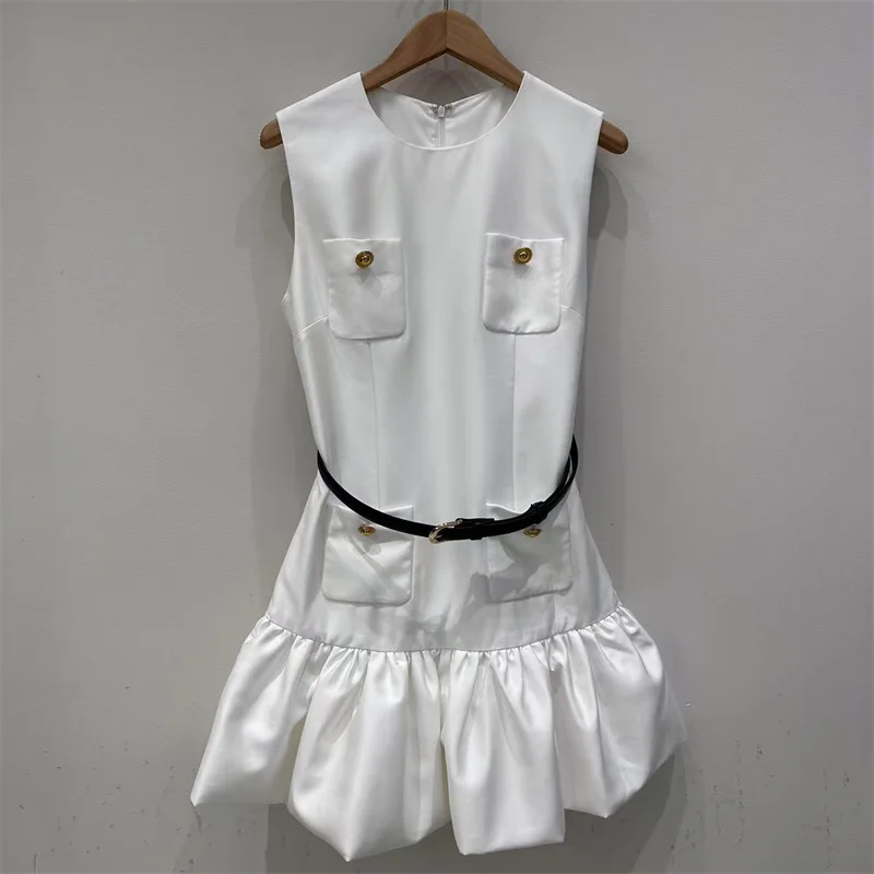 

Женские платья Новое мини-платье с круглым вырезом на лето 2024, тонкие короткие платья без рукавов с поясом, вечерние платья y2k Платье с бутоном цветка