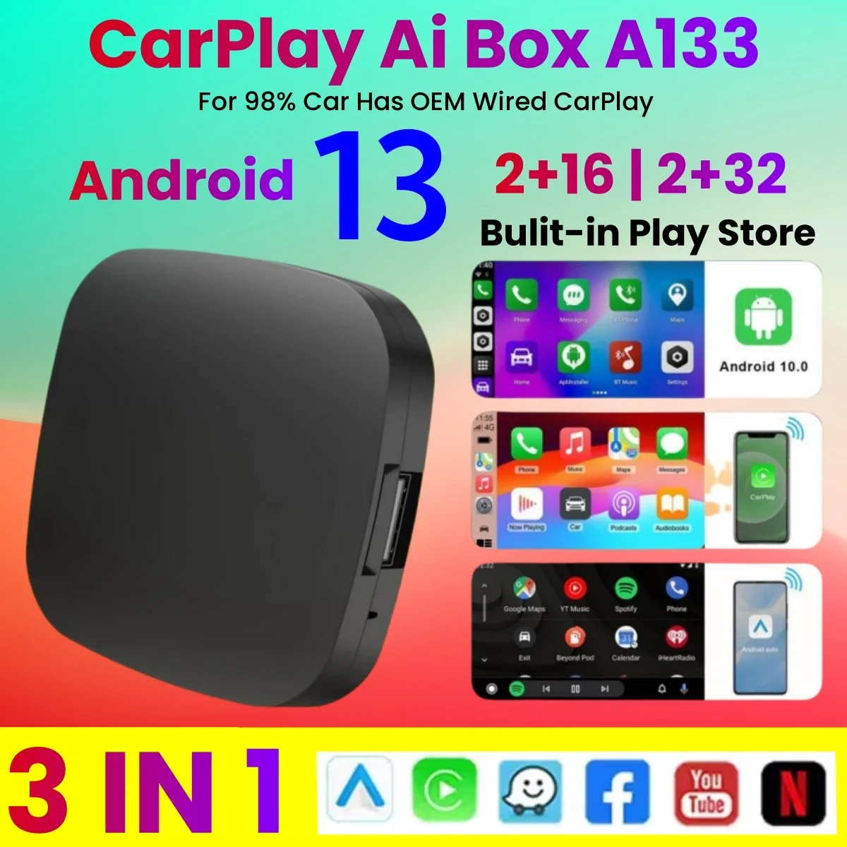 Android 13 Carplay AI Box Wireless Carplay Android Auto WiFi Support Netflix Youtube For Nissan VW Toyota Mazda Hyundai Ford MG