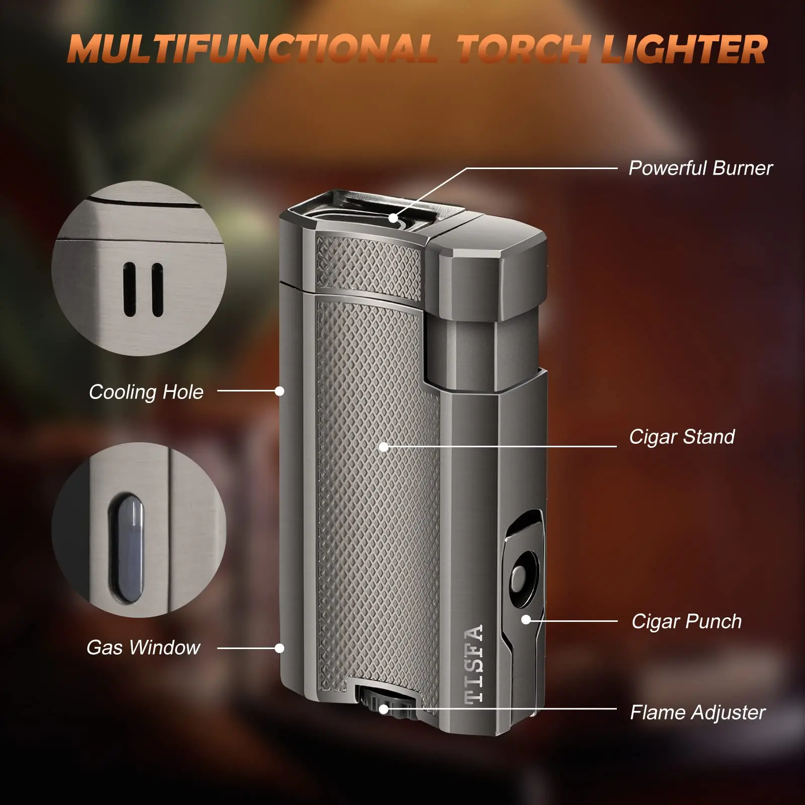 Cigar Lighter Double Jet Flame Butane Torch Lighter,Built-in Cigar Punch,Cigar Holder,Windproof Pocket Butane Lighter Smoking