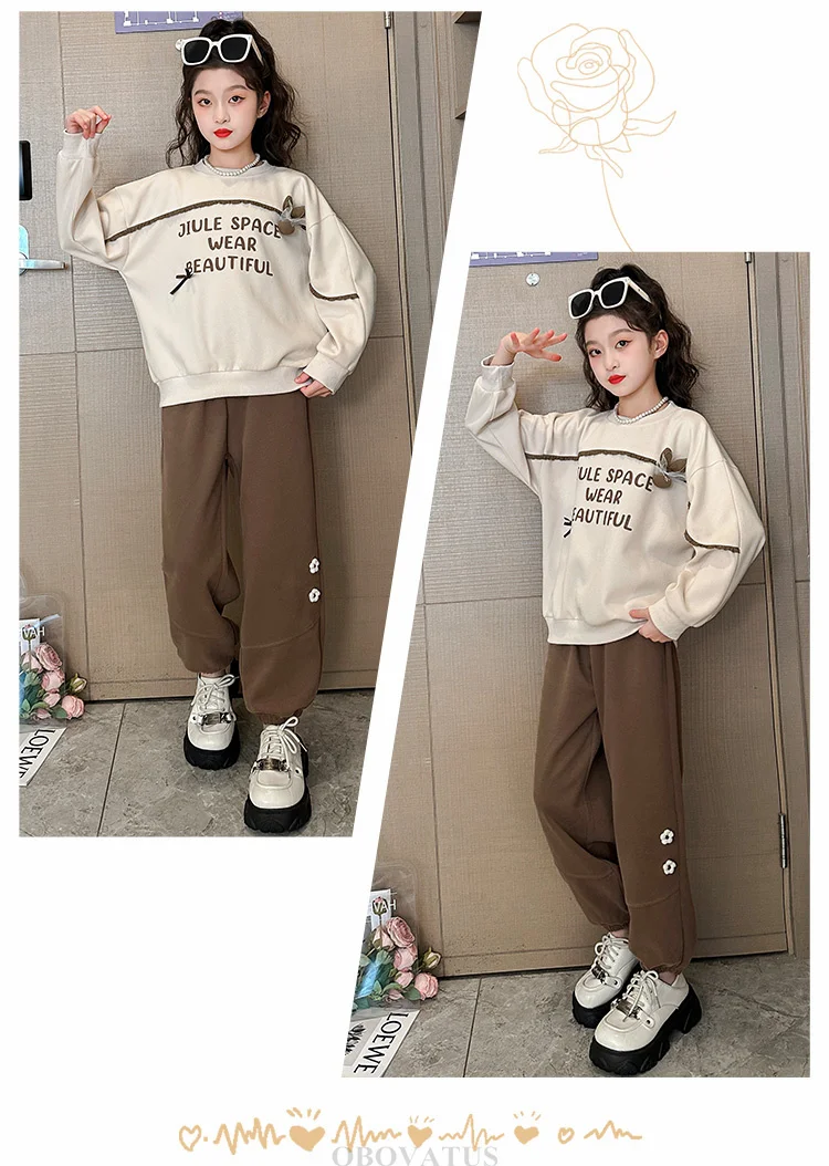 Frühlingskleidungsset für Teenager-Mädchen, Herbst-Trainingsanzug für Kinder, Sweatshirt mit Buchstabenmuster + Hosenanzug, Sportkleidung für die Schule, Kinderkostüme. – Detail 4