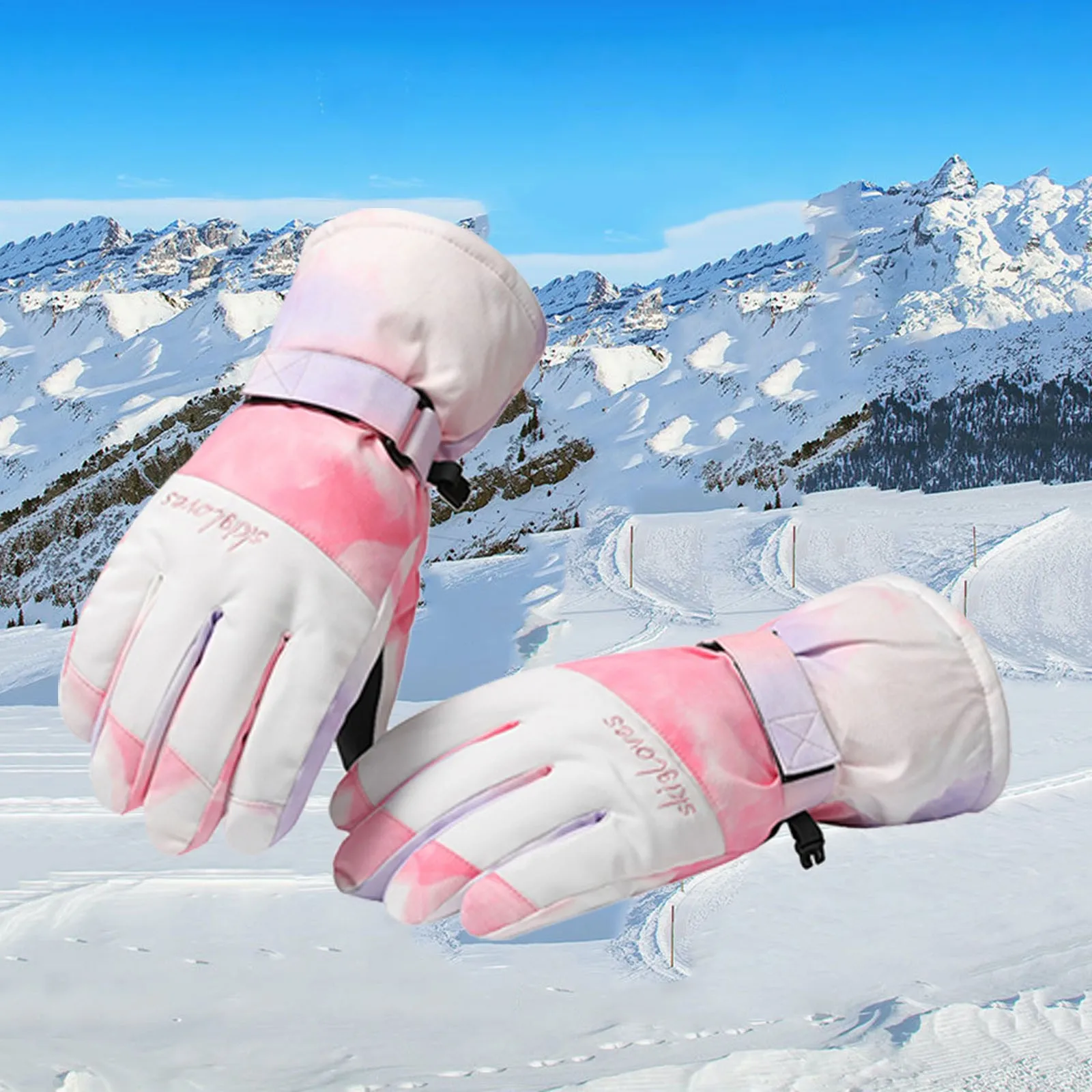 Winter New Warm Ski Gloves Winter Women's Autumn Windproof Riding Climbing Outside Touch Screen Printing Pink Long Gloves