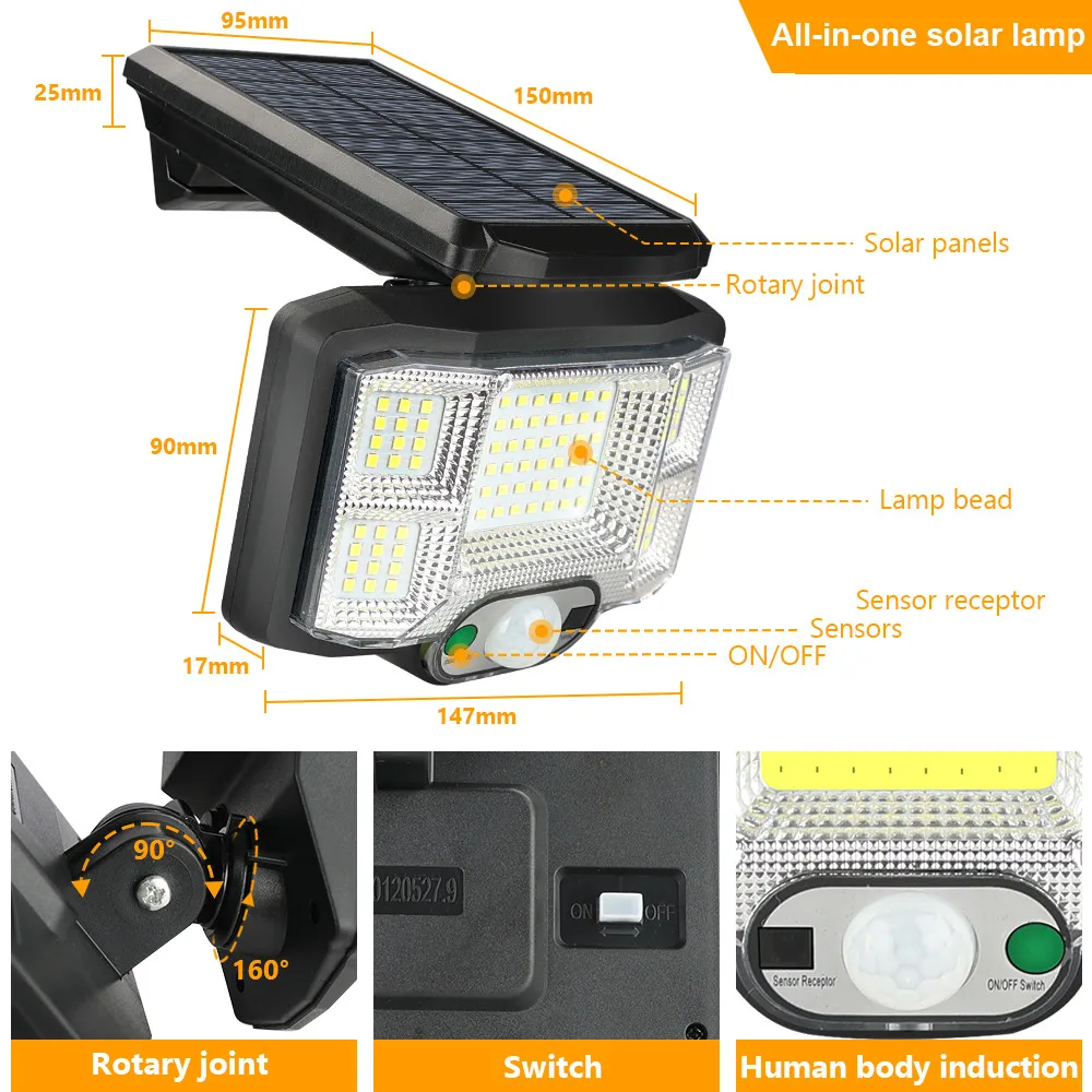 Solar LED Lights Outdoor Motion Sensor Split Solar Lamp With Remote Waterproof Garage Patio Garden 168 COB Solar Wall Light