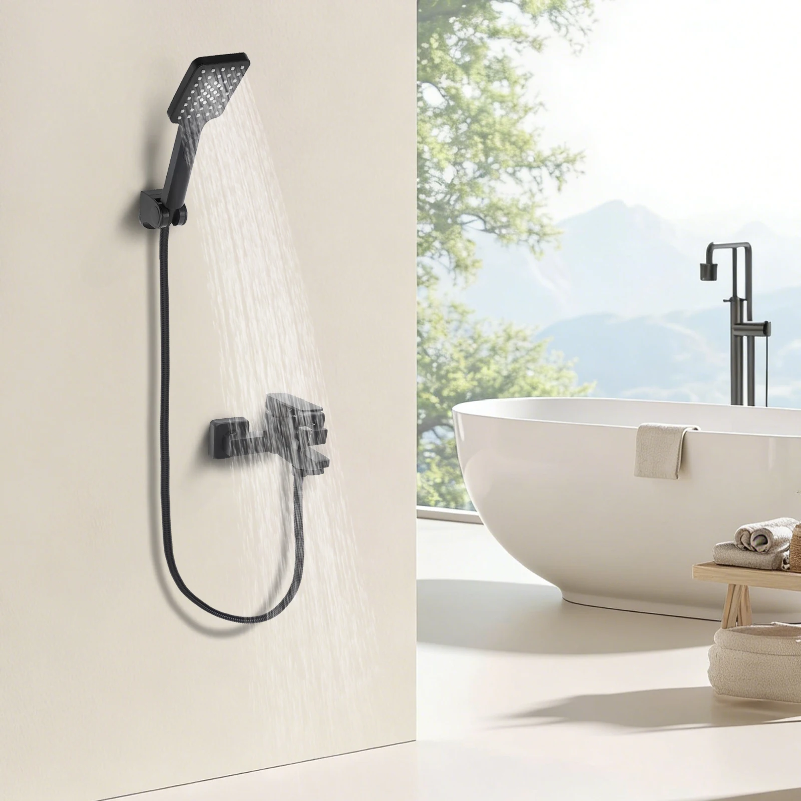 Set doccia moderno ed elegante, raccordi, rubinetto per vasca, montaggio a parete con spray portatile, nero, con brasatura manuale