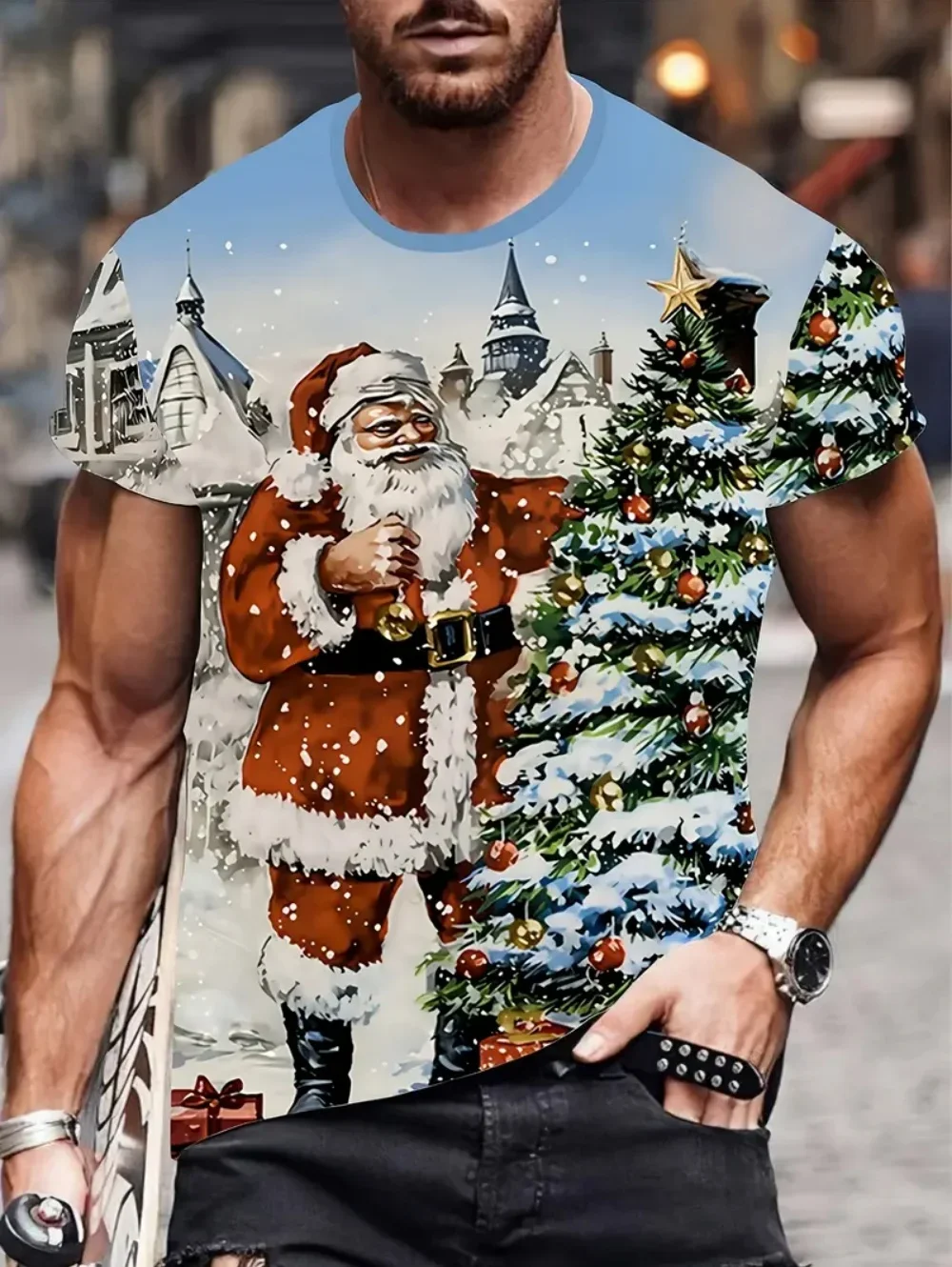 Weihnachts-Weihnachtsmann 3D-Druck T-Shirt für Männer, Lässiges Kurzarm-Shirt, Modisches O-Neck-Oberteil, Neujahrsgeschenk, Übergroßes T-Shirt – Detail 5