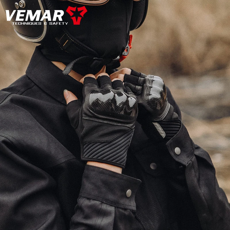 VEMAR Summer Men's Motorcycle Fingerless Gloves Half Finger Leather Cycling Short Tactical Luvas Women Moto Breathable Motocross