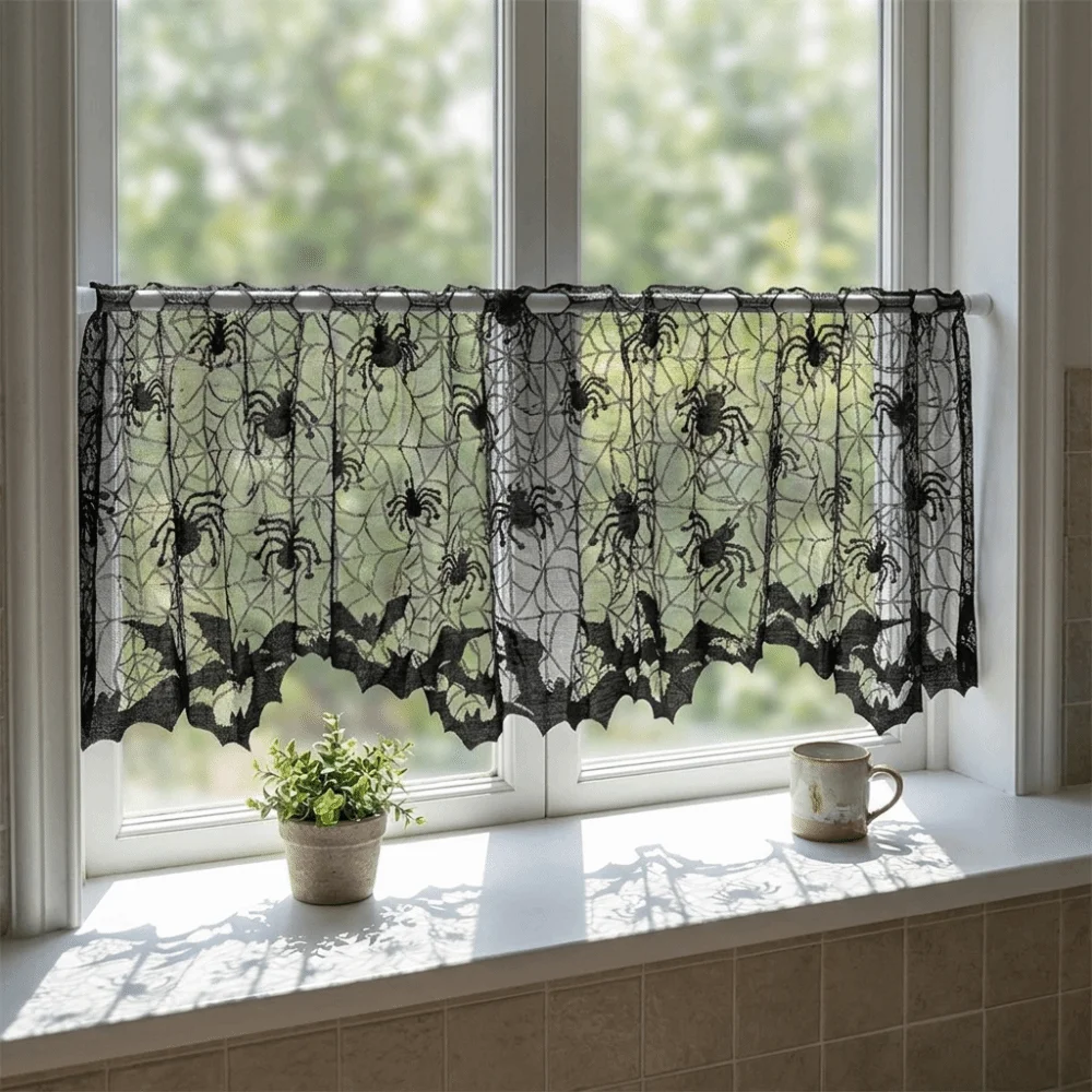 Coffee Curtain Dark Style Halloween Spider Curtain Hand Washable Translucent Halloween Tablecloth Soft Bat Curtain Window Decor