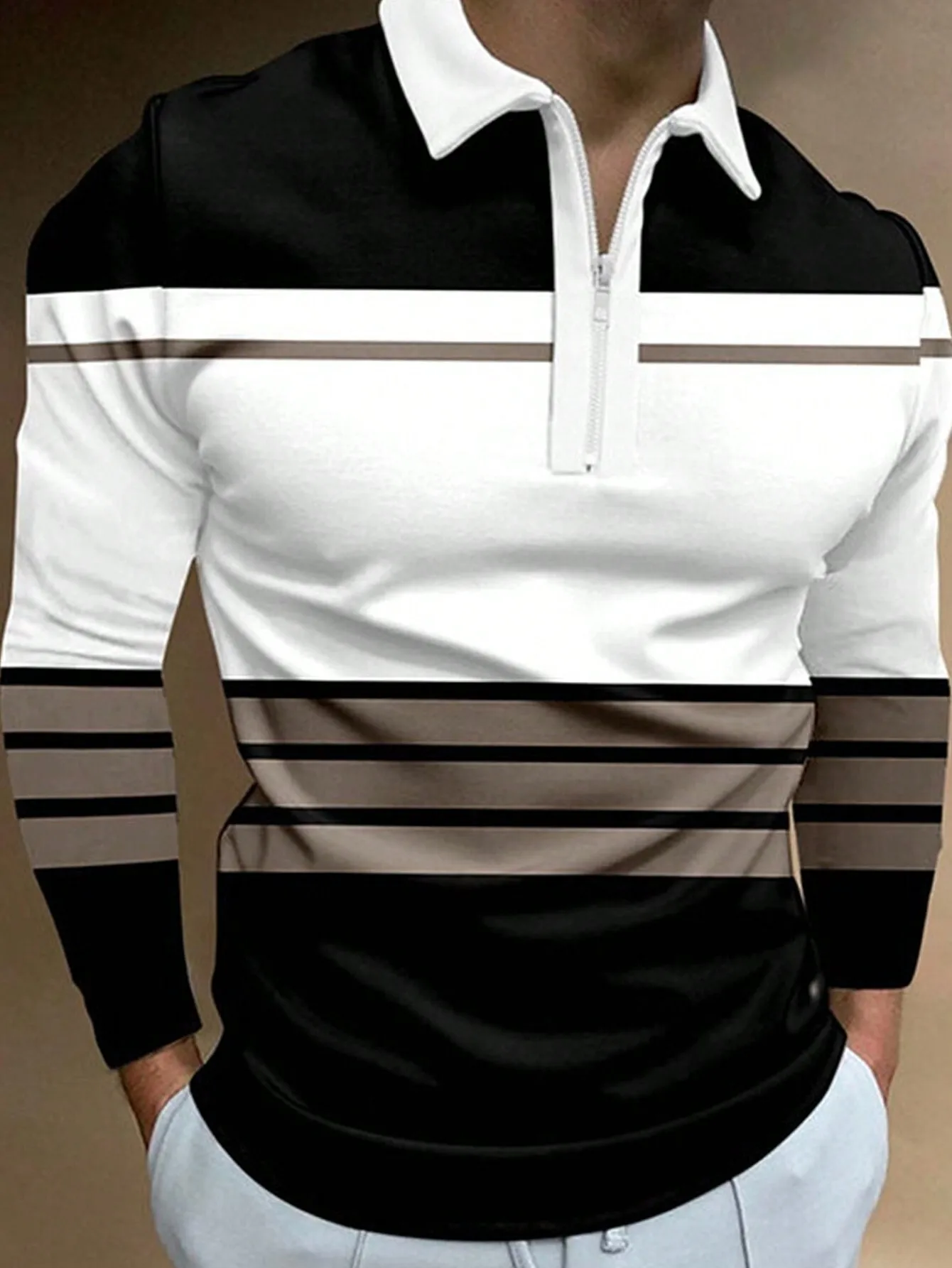 

Мужская рубашка-поло с длинным рукавом и короткой молнией, с цветными полосками, черно-бело-бежевая