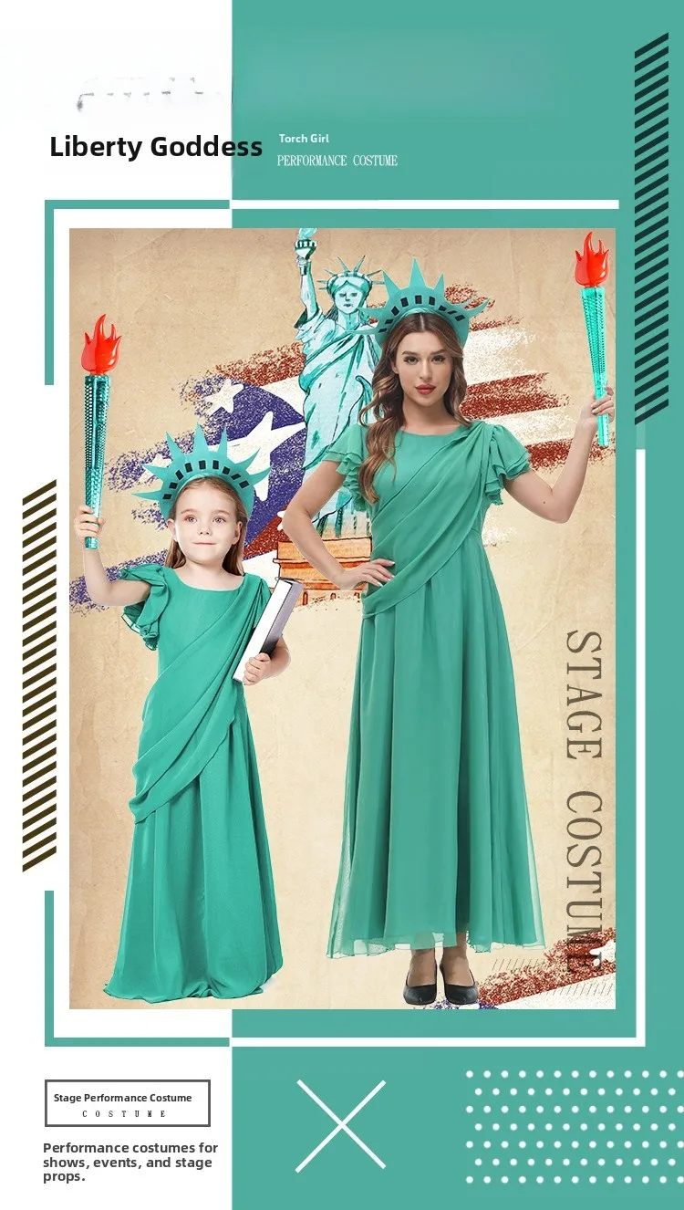 loween Godd Long Dr Parent-Child Costume Free to Illuminate the World Statue Role Clothing plus Size Ethnic Stage Co...