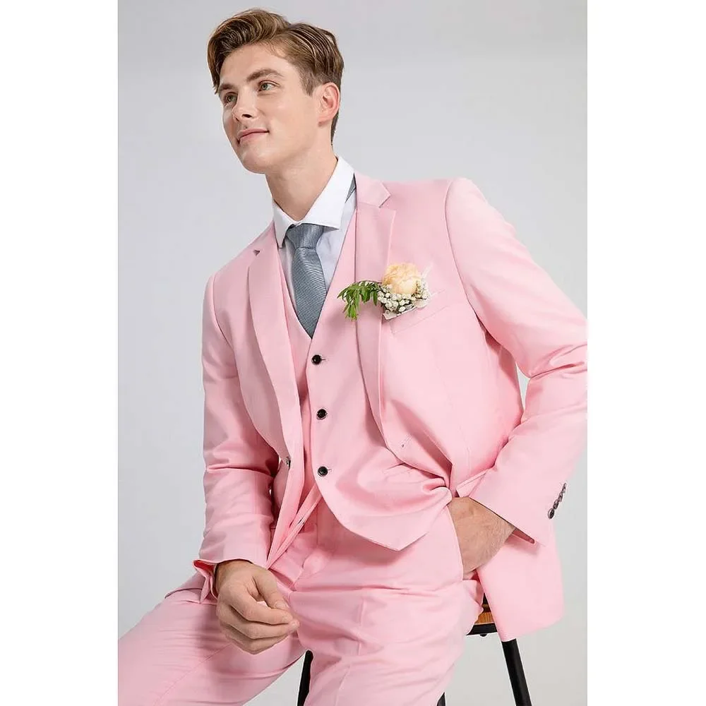 

New England Style Men's Three-Piece Suit Pink Fashion Formal Groom Wedding Elegant Slim Fit Male Suit (Blazer+Vest+Pants)