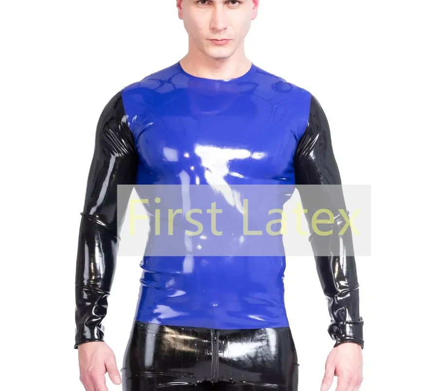 

Handmade Fancy Sexy Black Men's Latex T-shirt Dark Blue(Changeable) With Black(Fixed) Fetish Latex Rubber Two Colors Male Top