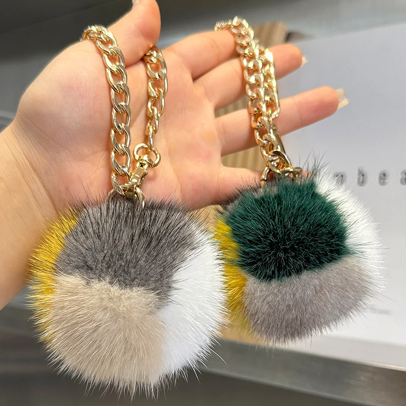 Pure Mink Fur Colored Square Toy Keychain Tail Keyring Keychain 10CM Square Keychain Pendant Pompoms Keychain Holder Bag-Decor