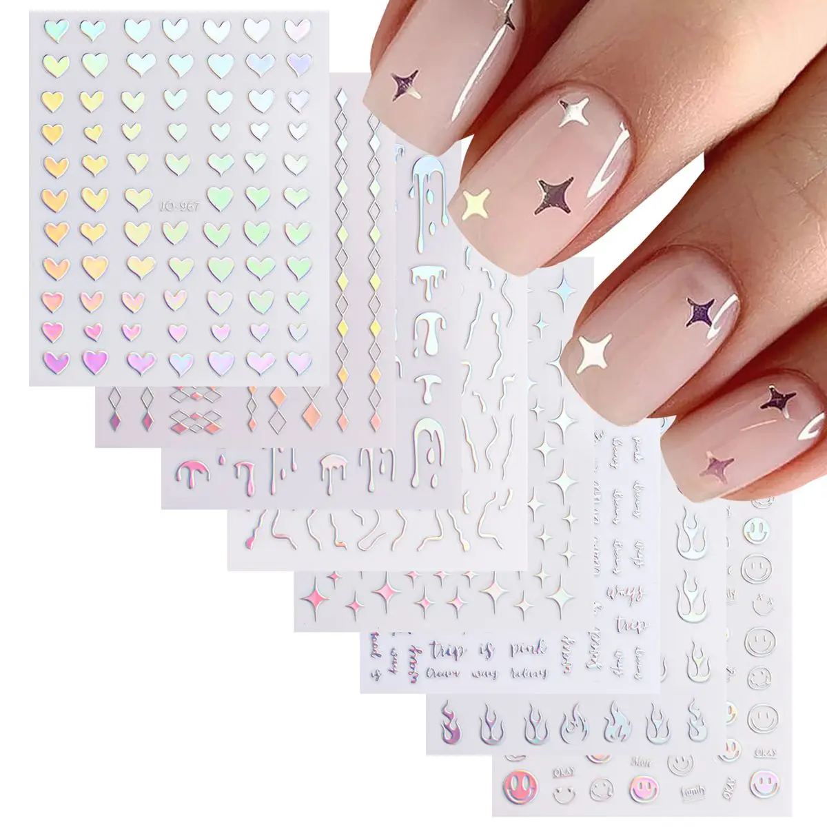 

4/8 Sheets Holographic Nail Art Stickers Set Flame Star Heart Smiley Face Design Self Adhesive DIY Nail Decals
