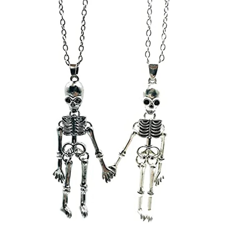 Retro Skeleton Ghost Necklaces Halloween Necklace For Best Friend Couples Hold Hands Skull Necklaces for Women Girl Teen