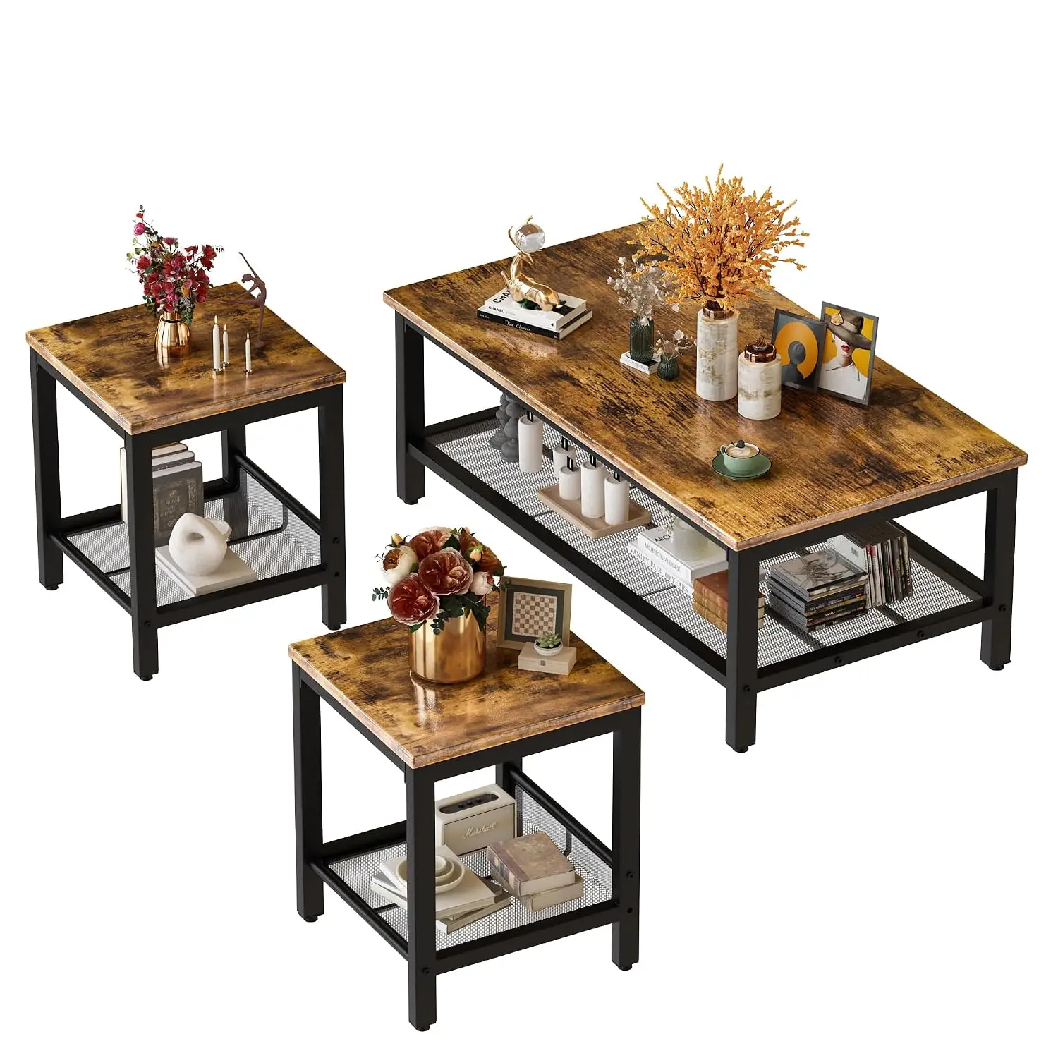 Coffee Table Set with 2 End Tables, Metal Frame Living Room Furniture for Apartment Home Office, Rustic Brown, Customized