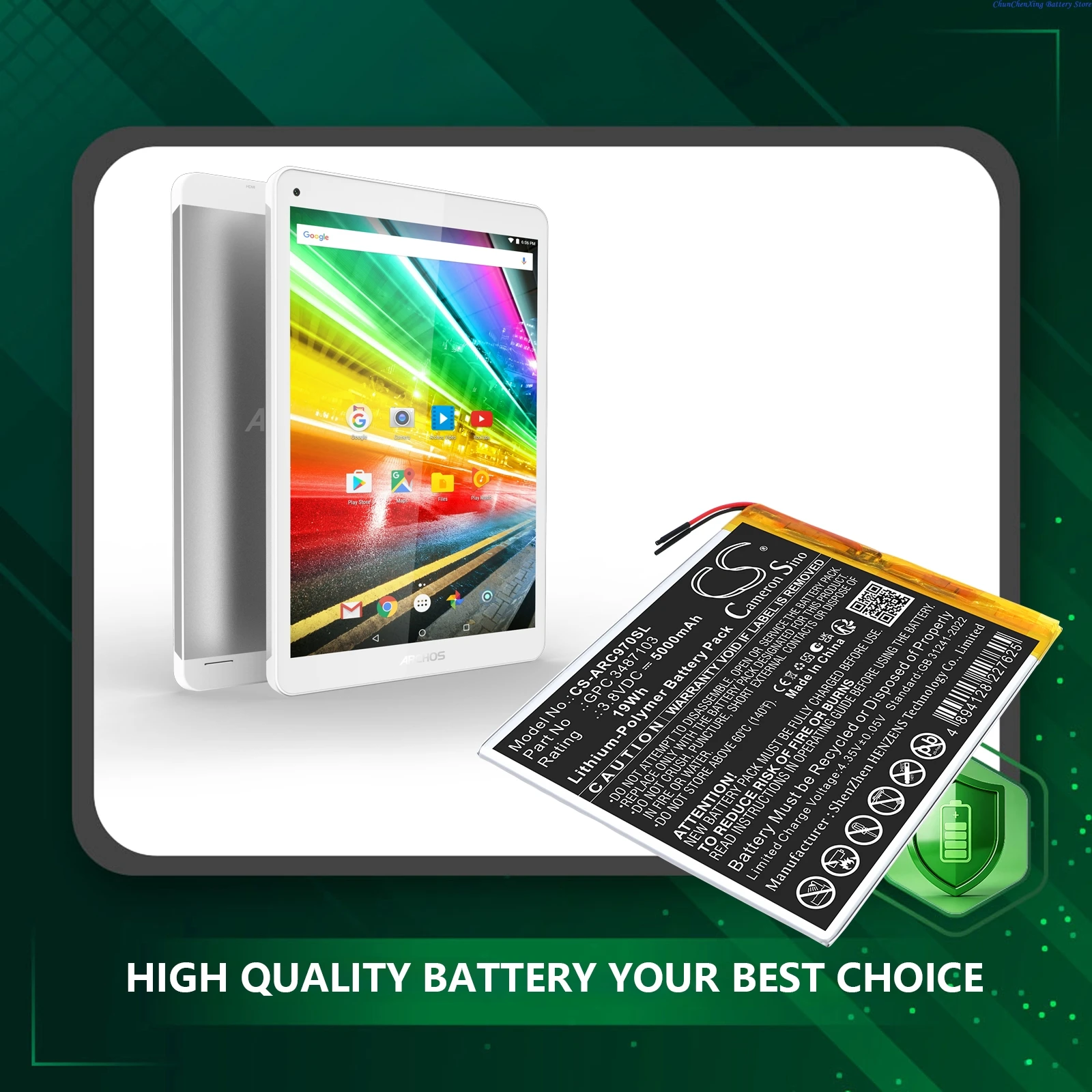 Cameron Sino 3.8V 5000mAh Replacement Tablet Battery GPC 3487103 for Archos AC97CPL 97C Platinum