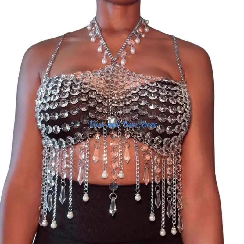 

HX6F Women's Acrylic Crystal Tassels Body Chain Crop Top Halter Body Jewelry Camisole