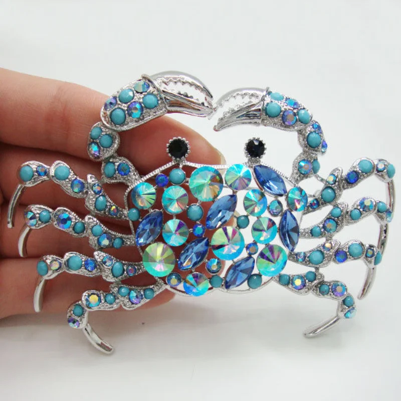 Modetrend elegante silberfarbene Krabben brosche Pin blau Strass lucency Kristall Frau beliebte Corsage Vintage Dating Pin Party