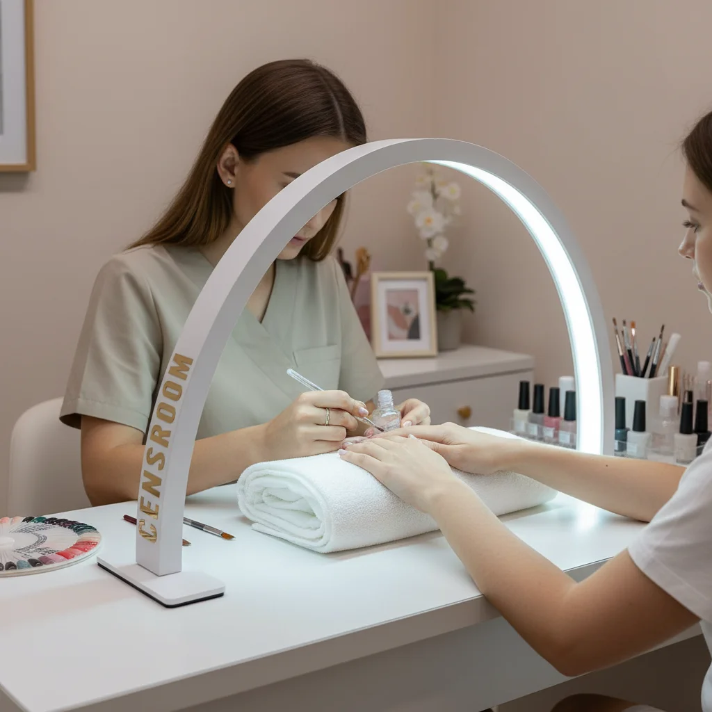 

Shiny Nail Half Moon Light with Phone Holder 48W Led Nail Tech Lamp Desktop Arch Curved Manicure Nail Art Desk Light