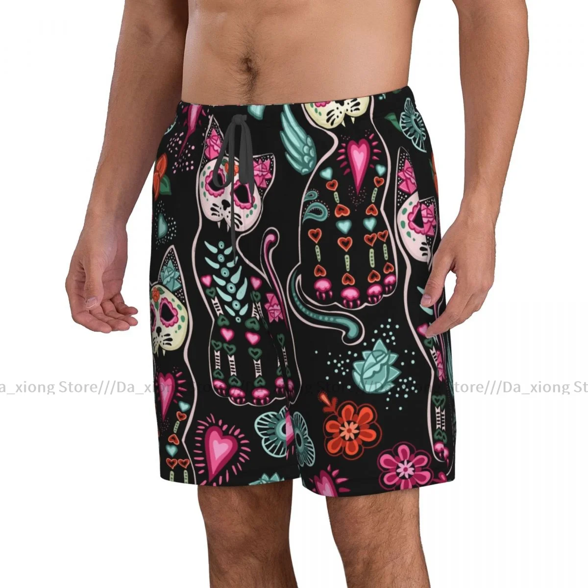 Shorts de natação curtos de praia dos homens, Dia Dos Mortos, Halloween Cats Surfando, Tabuleiro Esportivo, Roupa de Banho