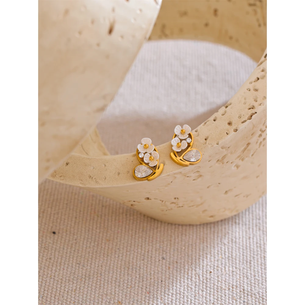 Yhpup Exquisite Stainless Steel Flower Cubic Zirconia Stud Earrings Anti Allergic Chic Daily Jewelry