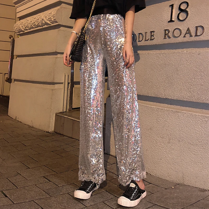 Shiny Pants Women Loose Sequin Nightclub Dance Trouser Sliver Stage