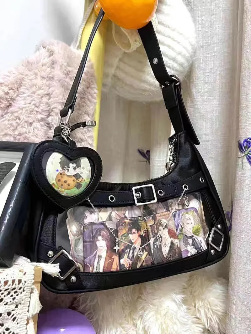 Tas Ita Hitam Gotik dengan Pesona Hati, Tas Bahu Tampilan Jendela Bening untuk Pin Anime, Gantungan Kunci, Hadiah Otaku