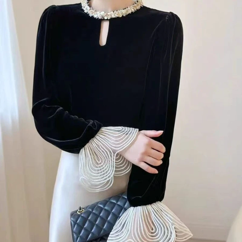 

Women spring 2026 niche design and patchwork design shirt French Hepburn style velvet flared sleeve elegant temperament shirt