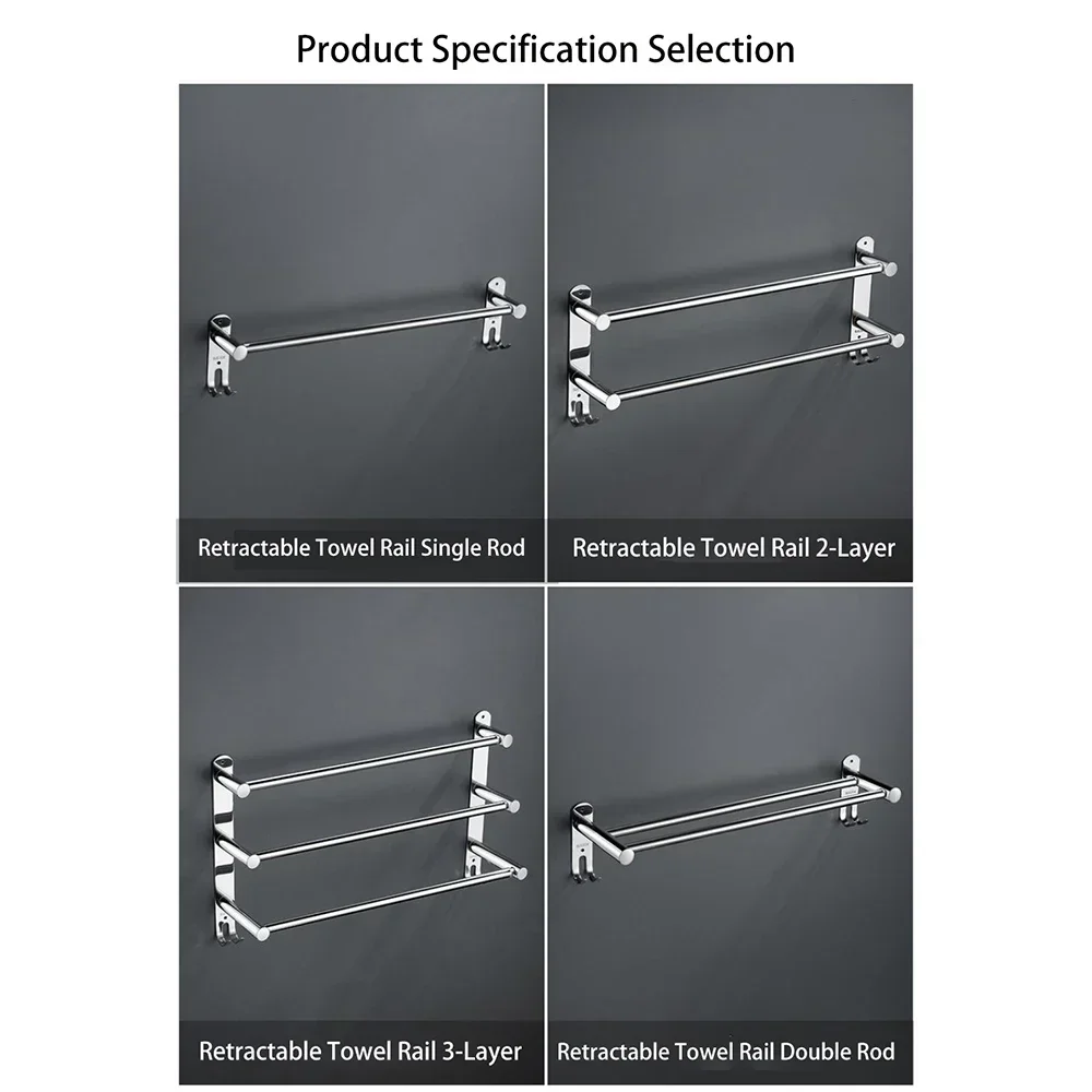 Bathroom Extendable Towel Rail Bright Silver Clothes Rail 304 Stainless Steel Bath Rack 50-90cm Extendable Rod with Hook