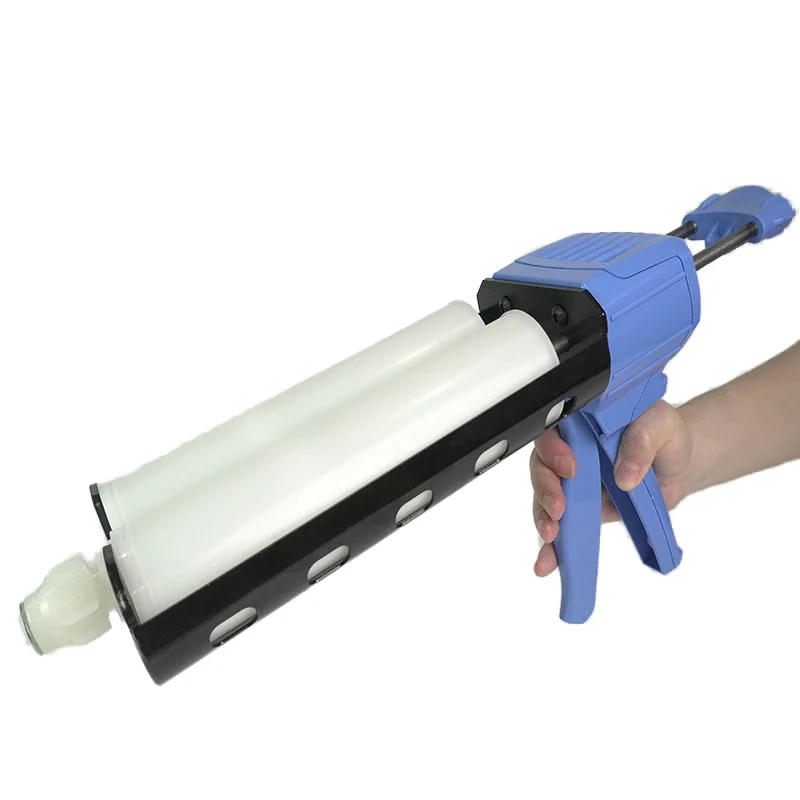 Manual 600ML 1:1 Two Component Caulking Gun Double Cartridges Silicone Glue Gun Hand Blue Stainless Steel Injection Cutting