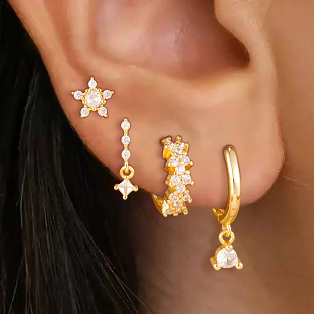4PCS/8PCS Unique Stainless Steel Zircon Flower Ear Studs Set For Women Geometry Hoop Earring Fashion Daily Wear Jewelry