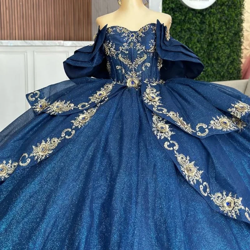 

Customized Shiny dark blue Quinceanera Dresses Off the Shoulder Lace sequin applique layering Long tail Vestido 15 Quinceanera