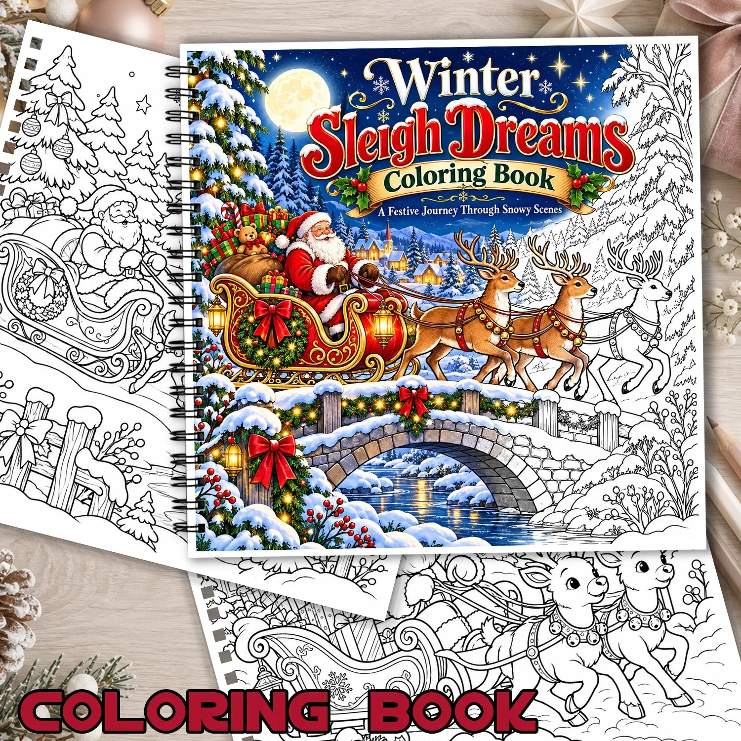 Winter Sleigh Dreams Spiral Coloring Book Festive Santa Scenes, 24Sheets Showcasing Creativity & Relieving Stress Relaxing Body