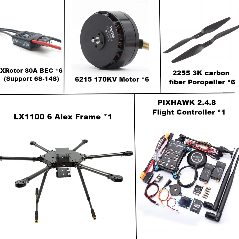 LX1100 Full Carbon Fiber 1100mm Hexa-Rotor Frame X-Roter 80A ESC PX4 Pixhawk 2.4.8 6C PRO Flight Control Set 6215 Motor