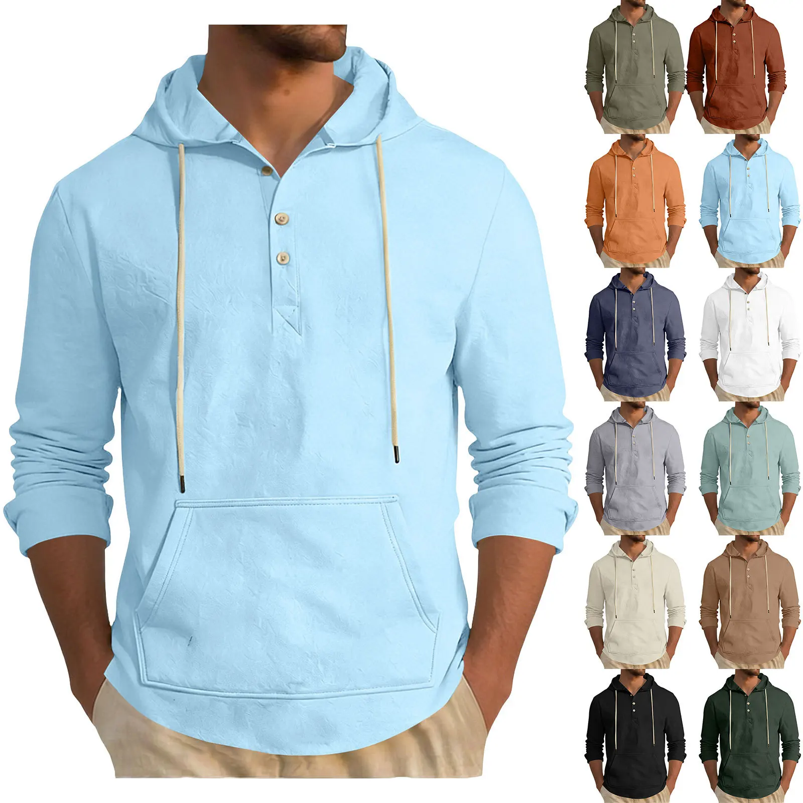 New Men's Solid Color Cotton And Linen Hooded Long-sleeved Shirt Casual Fashion Loose Breathable Men's T-shirt