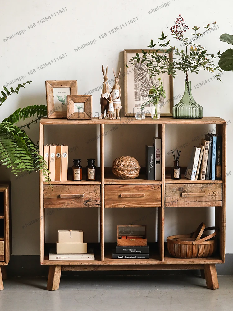 Factory Direct Log Literary And Artistic Six-grid Three-bucket Entrance Cabinet Old Pine American Retro Solid Wood Wall Side Cab