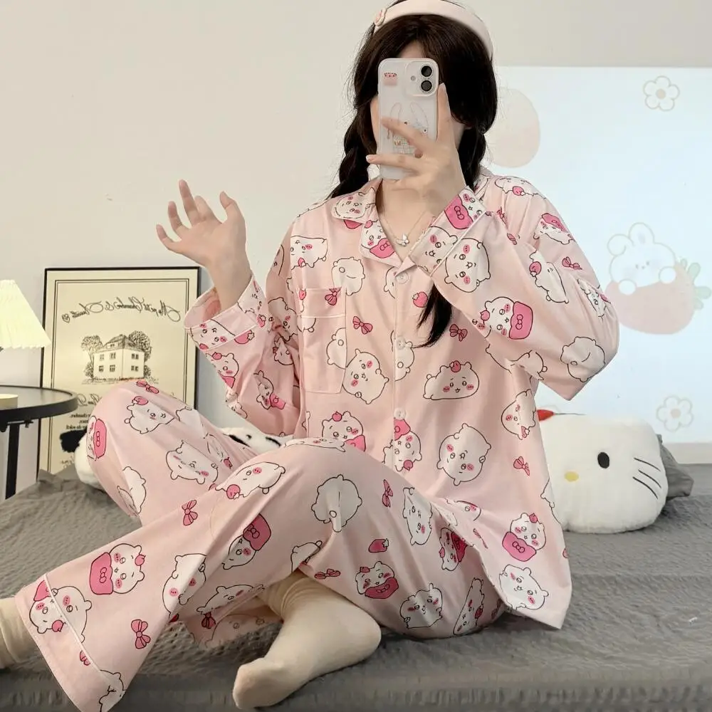 

Kawaii Chiikawa женские пижамы в стиле аниме, пижамы в мультяшном стиле, брюки, студенческая одежда для сна, домашняя одежда для девочек, модные удобные пижамные комплекты