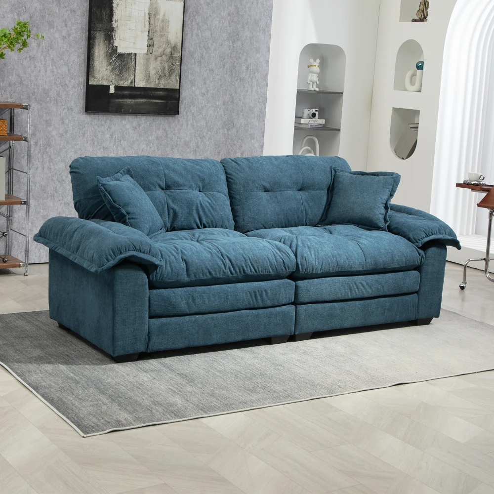 

84\" Chenille Loveseat Sofa Deep Seat with 2 Pillows & Memory Foam for Living Spaces - Blue
