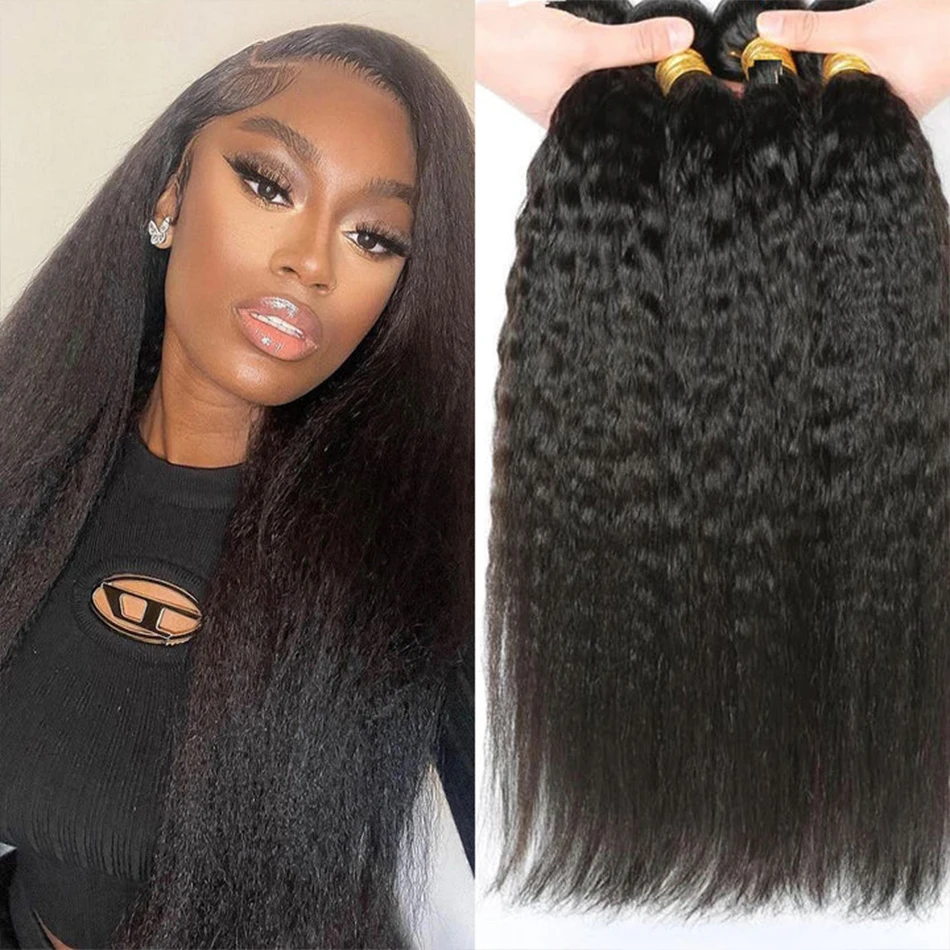 32 Inch Peruvian Kinky Straight Human Hair Bundles Bulk Remy Hair Extensions Soft Yaki Straight 100% Human Hair Weave Bundles