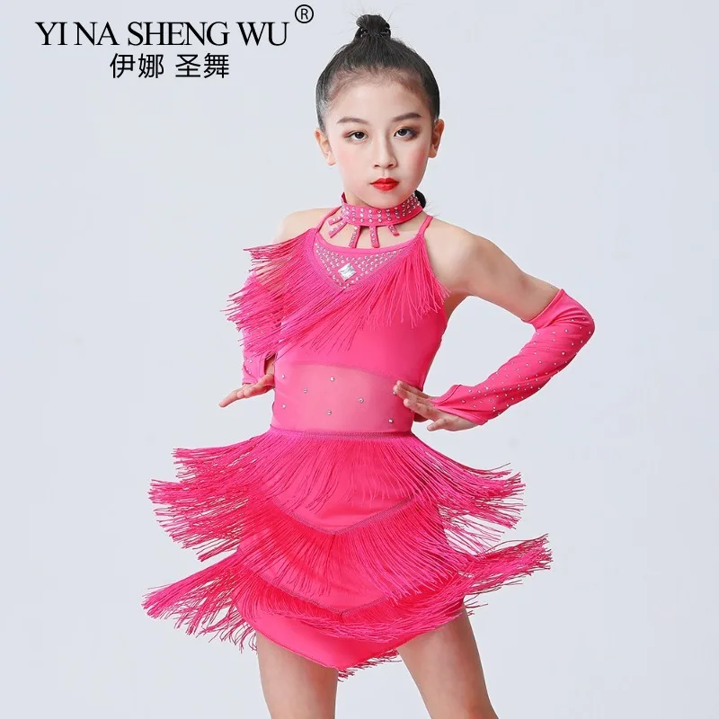 New Children's Latin Dance Skirt Girls' Tassel Dress Outfits Cha Cha Tango Competition Dress Stage Performance Dance Wear