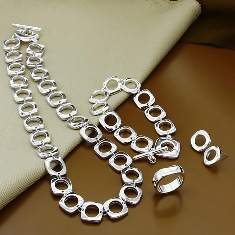 

925 Sterling Silver Square Round Chain Necklace Earring Bracelet Ring For Women Man Charm Wedding Party Fashion Jewelry