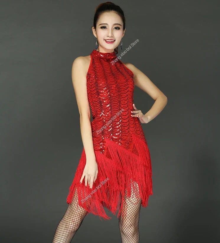 Fringe Latin Dance Dress Woman Tassel Sexy Sequin Ballroom Tango Salsa Tango Rumba Dance Costume Red Performance Stage Wear