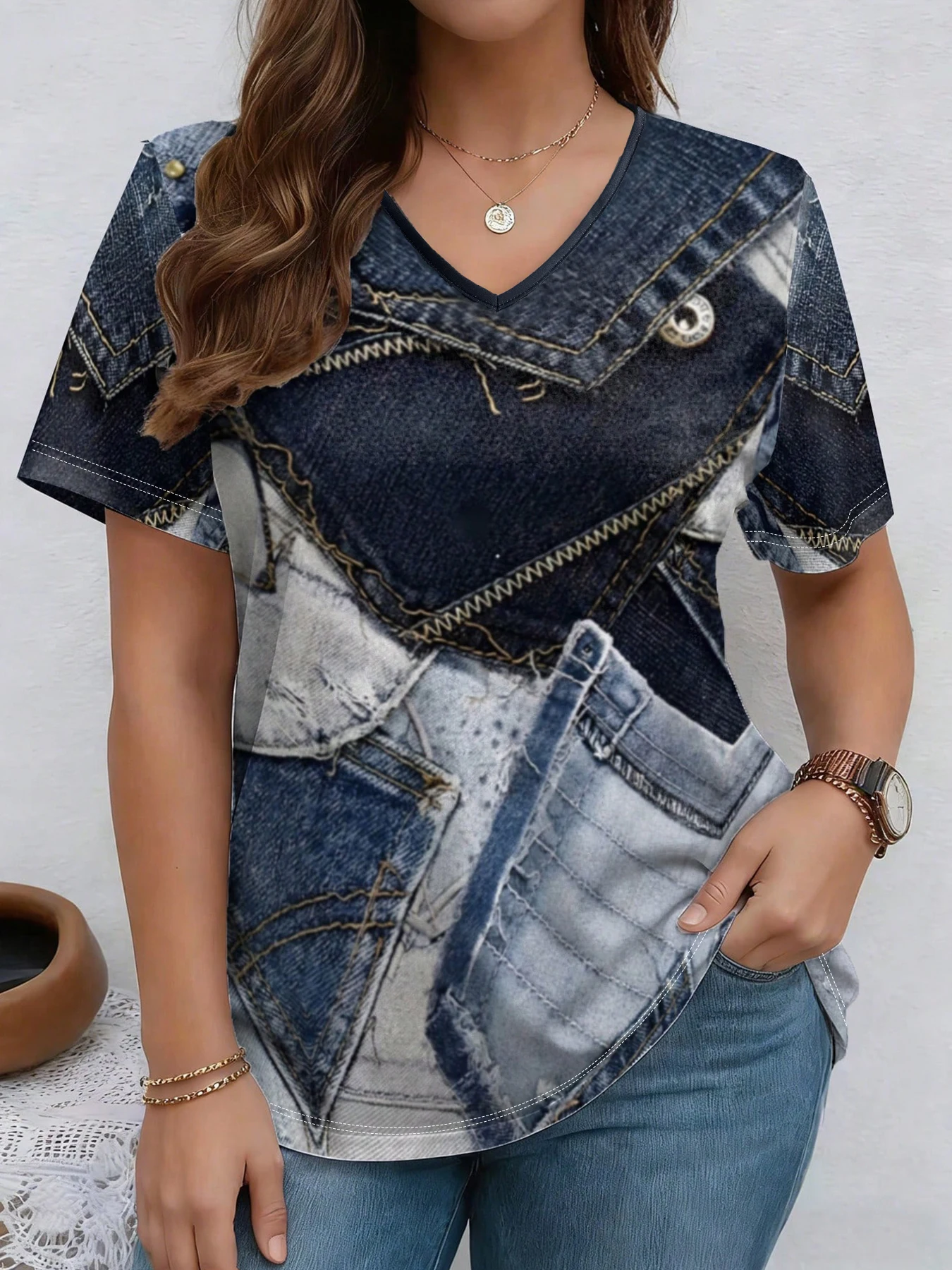 Summer casual fashion imitation denim print V-neck short sleeved commuting versatile T-shirt image 6