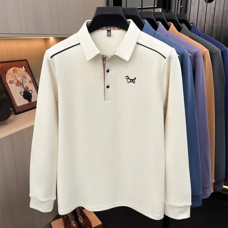 Luxuriöses Herren-Poloshirt mit Stickerei-Print, Herbst-Neuheit, einfarbig, langärmelig, mit Kragen, Business-Casual-Herrenbekleidung – Detail 6