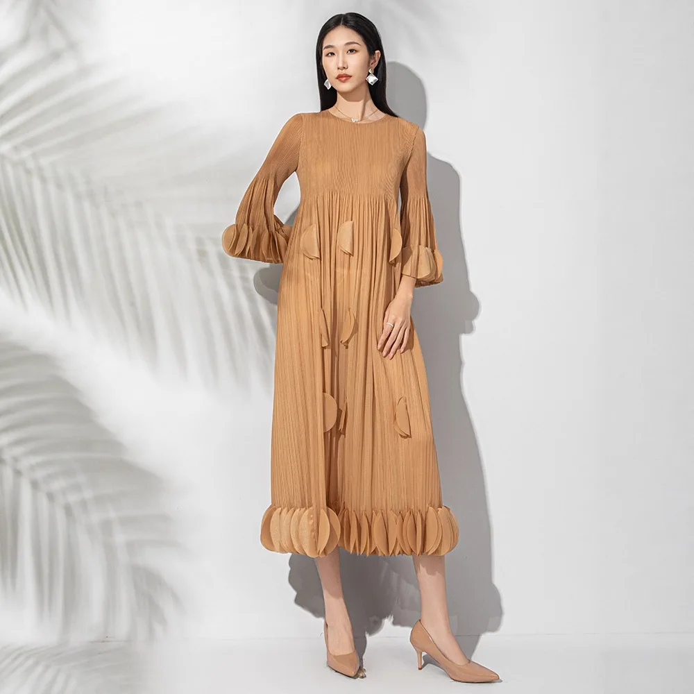 

Miyake модное плиссированное платье новое однотонное элегантное свободное платье с круглым вырезом большого размера в стиле пэчворк с рукавами три четверти платье средней длины