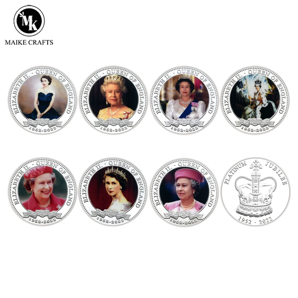 7pcs/set Queen Elizabeth II Challenge Coin 70th Anniversary Platinum Jubilee Silver Plated Collection Commemorative Gift