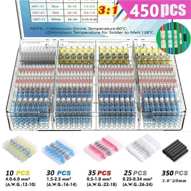 

450Pcs Waterproof Butt Terminals Solder Seal Sleeve Heat Shrink Wire Connectors Insulated Splice Wire Electric Cable Boxed Sets